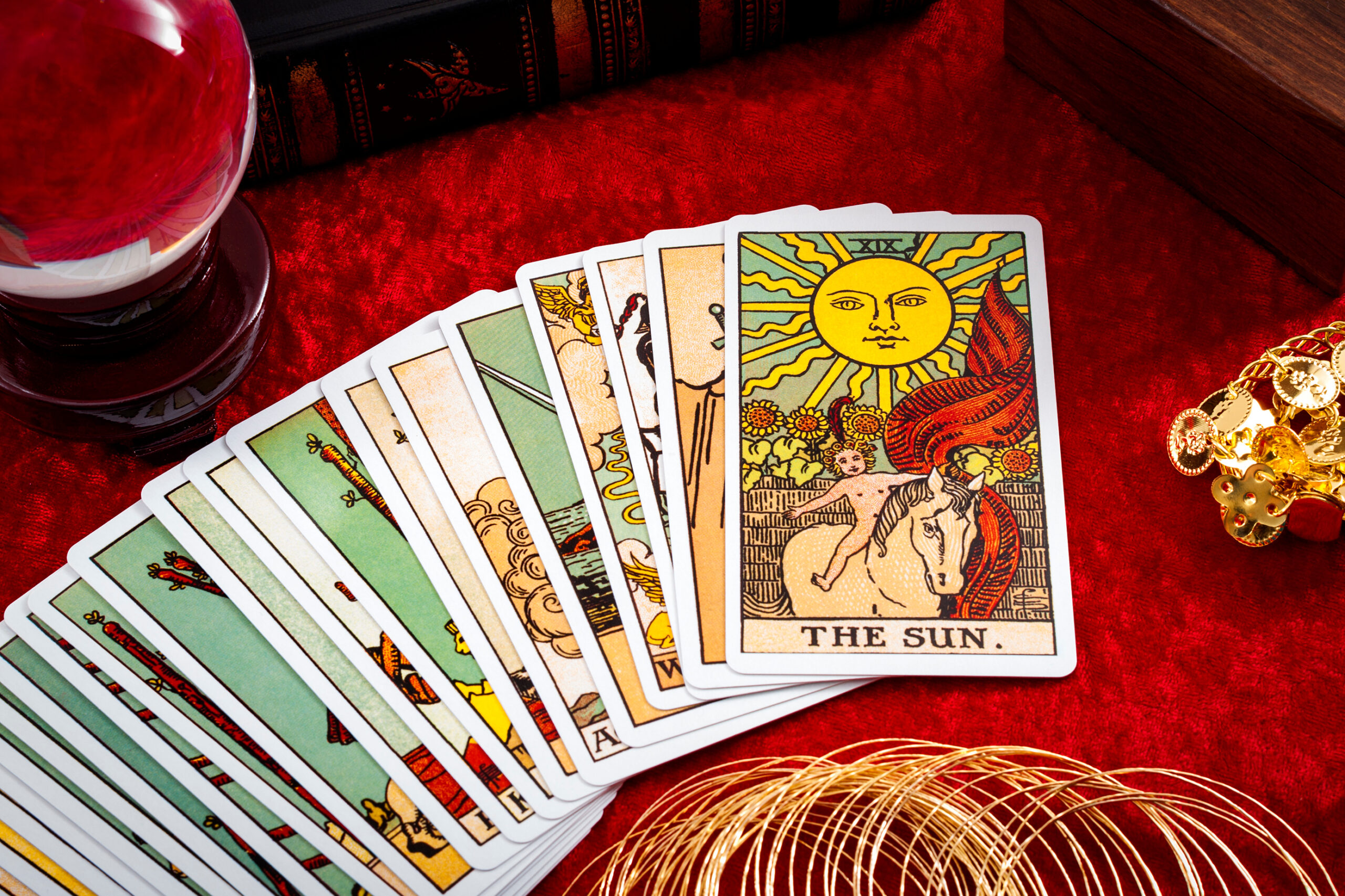 fortune teller and whitcraft concept with tarot cards spread on