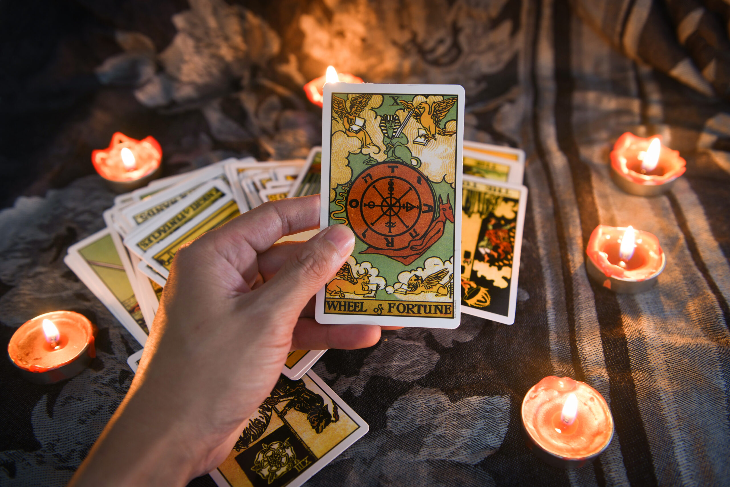 hand holding tarot card with candlelight on the darkness backgro
